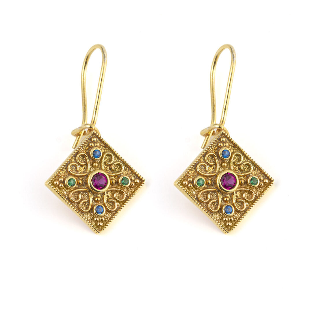 Rhombus Byzantine Earrings with Zircon - Sterling Silver and Gold Plated