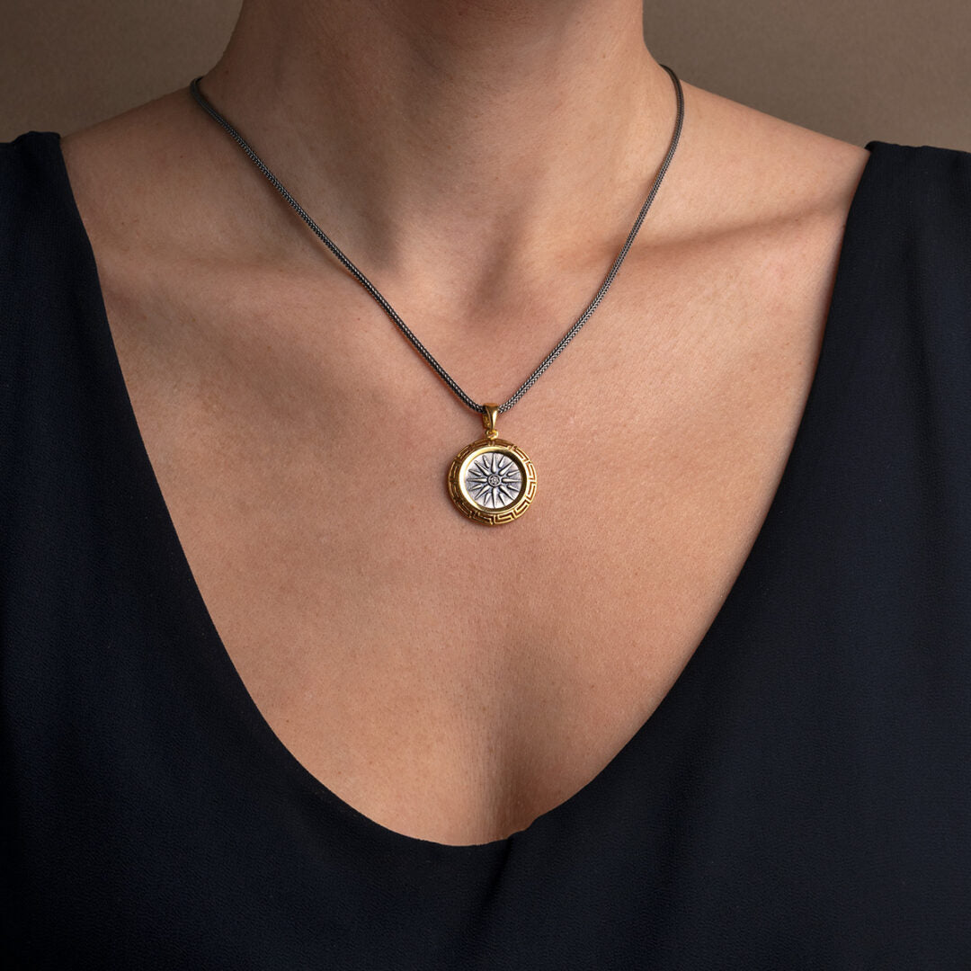 Greek Key Vergina Sun Pendant - Sterling Silver and Gold Plated