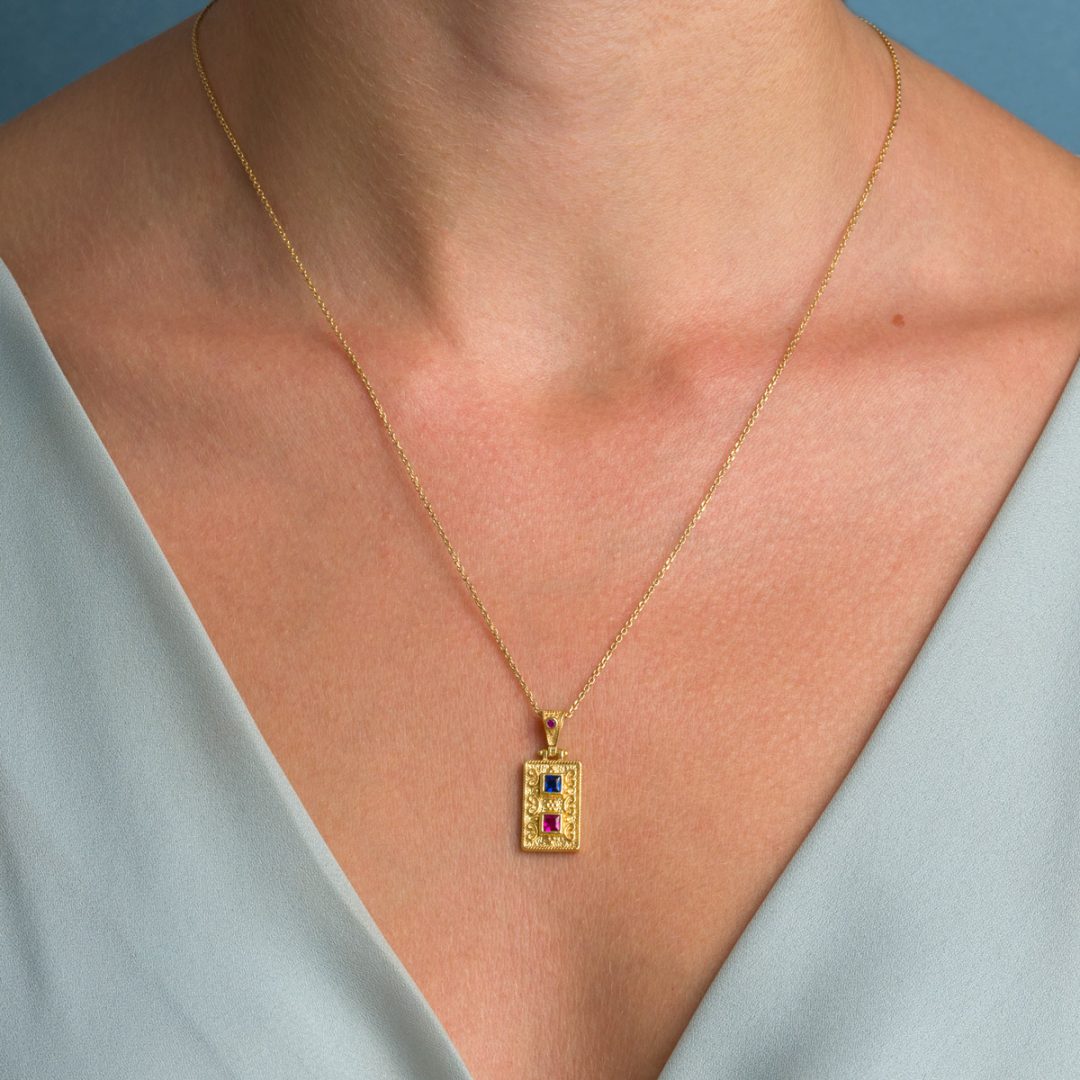 Gold Plated Byzantine Rectangle Pendant in 925 Sterling Silver with Zircon Stone
