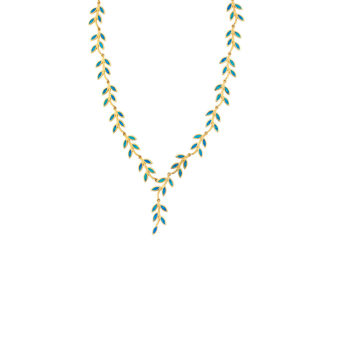 Opal Olive Tree Branch Leaf Necklace — Blue