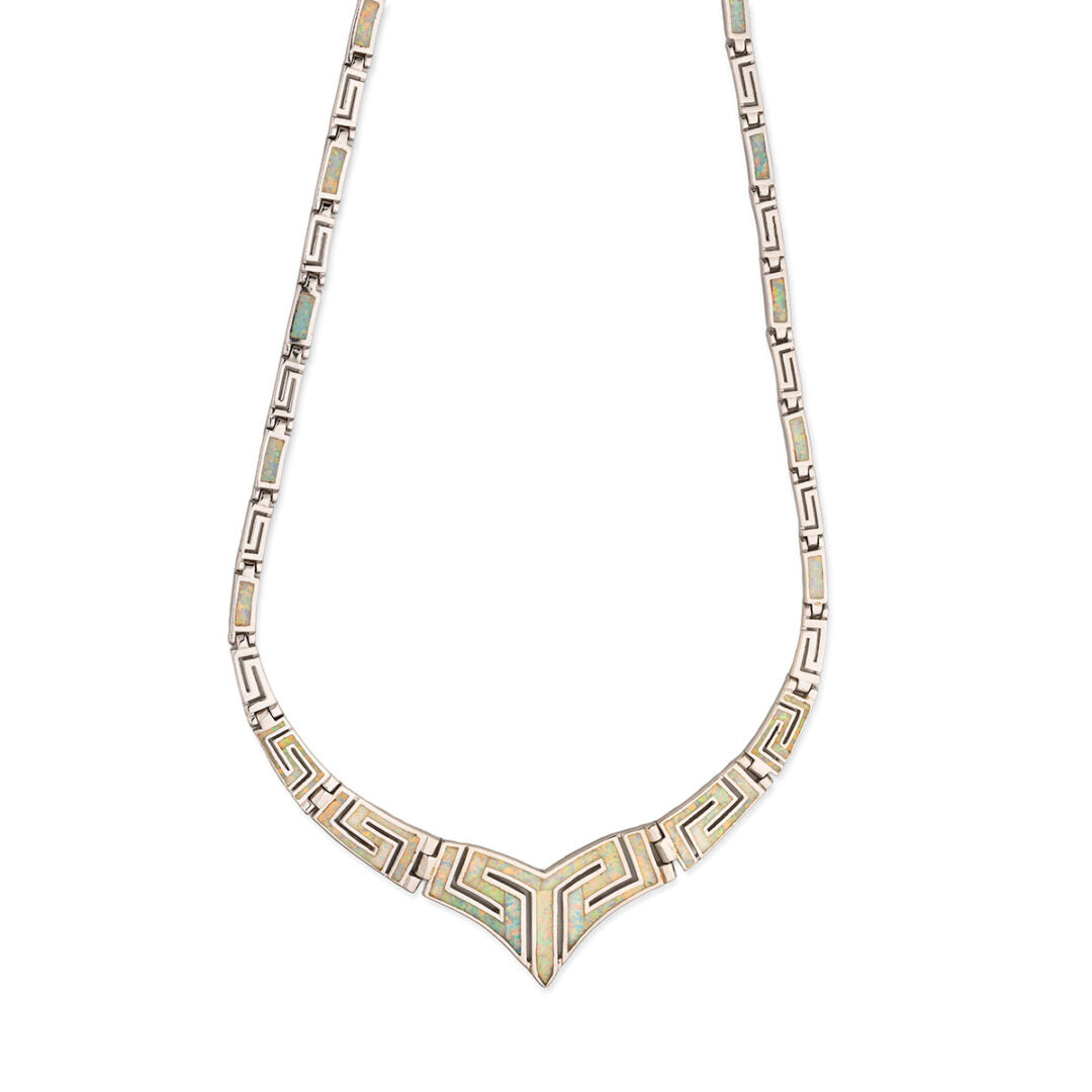 Greek Key Necklace with White Opal - 925 Sterling Silver