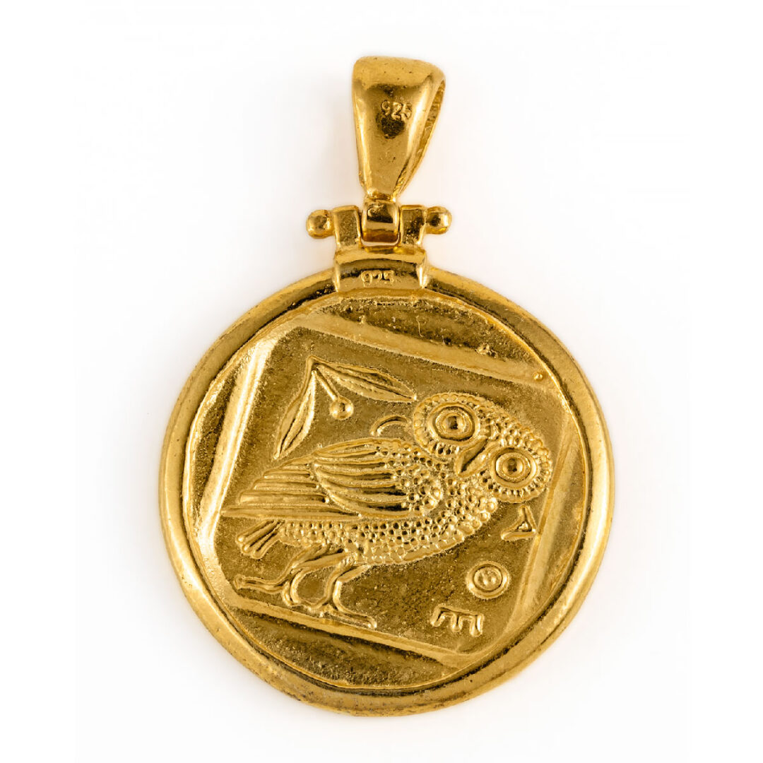 Goddess Athena and Wise Owl Pendant - Sterling Silver and Gold Plated