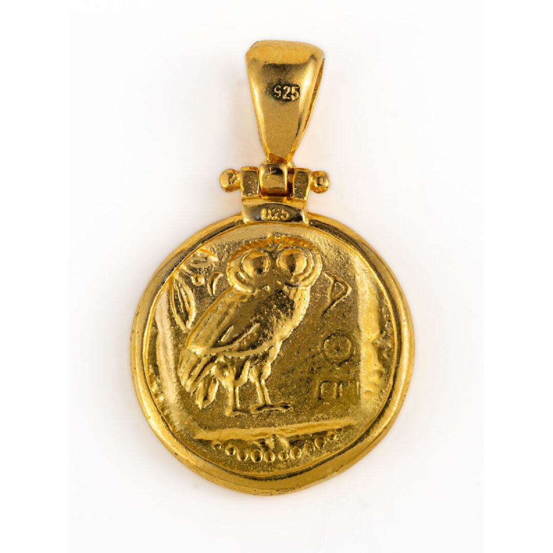 Goddess Athena and Wise Owl Pendant - Sterling Silver and Gold Plated