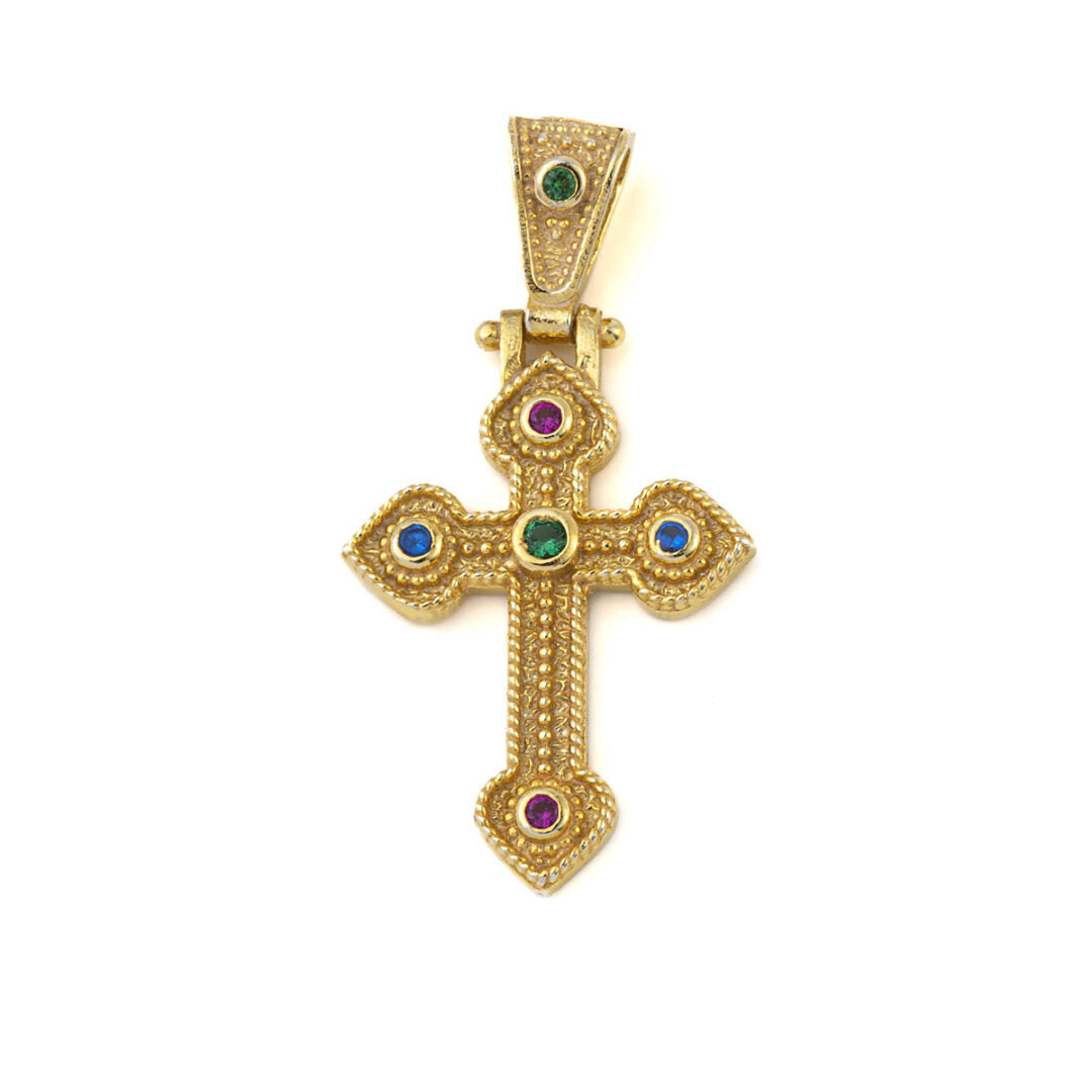 Byzantine Cross with Colorful Stones - 925 Sterling Silver Gold Plated
