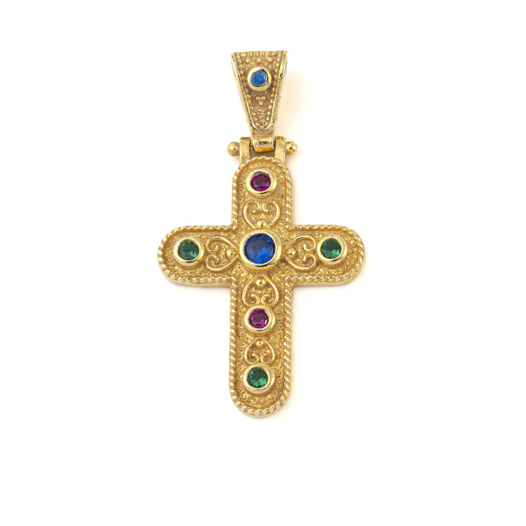 Byzantine Round Cross with Stones - 925 Sterling Silver Gold Plated