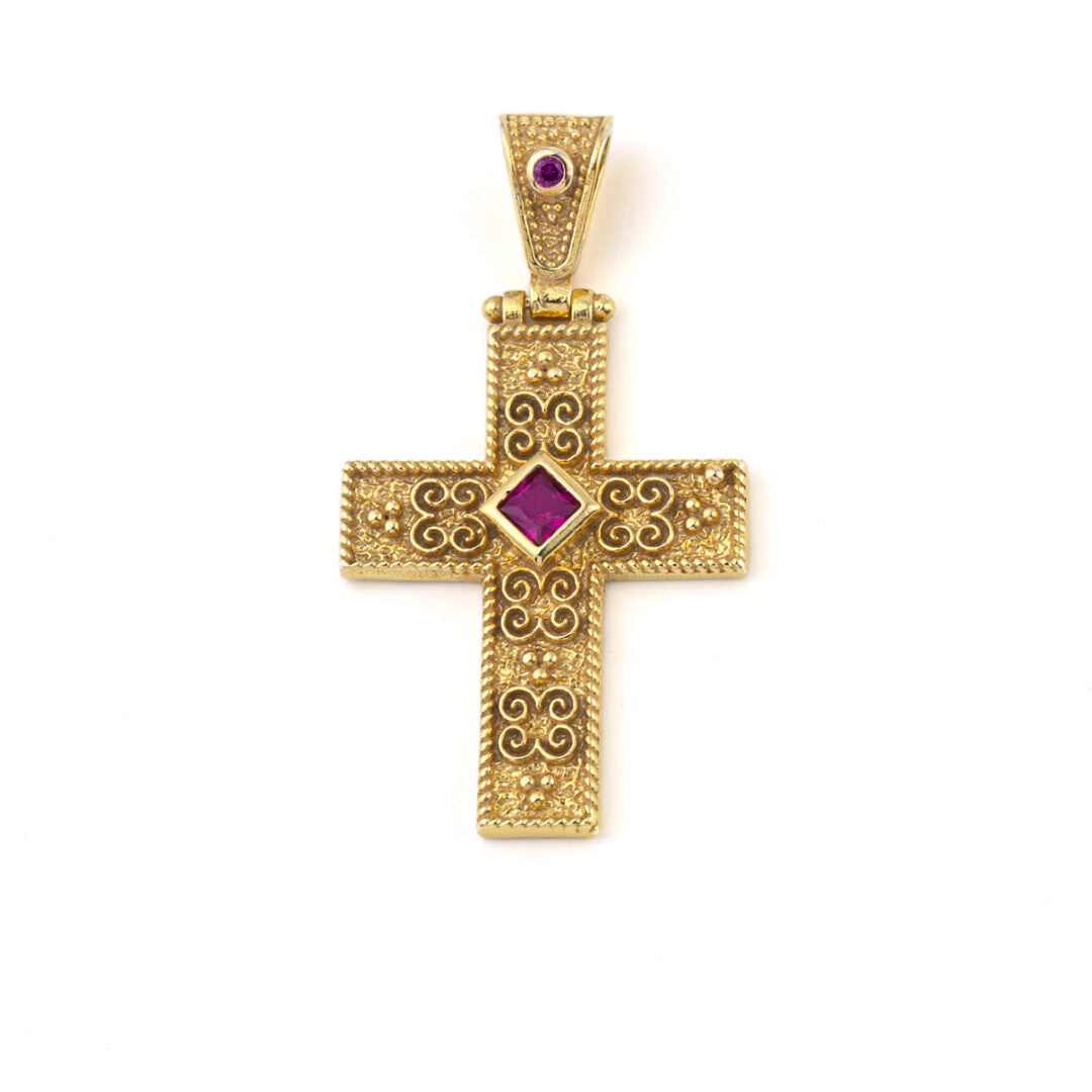 Byzantine Cross with Stone - 925 Sterling Silver Gold Plated
