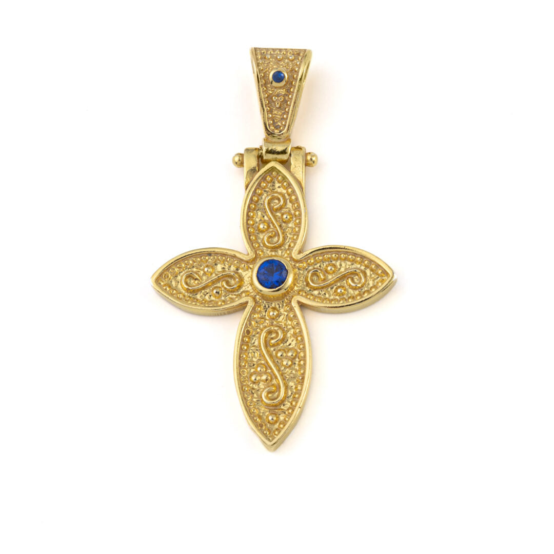 Byzantine Cross with Blue Stone - 925 Sterling Silver Gold Plated