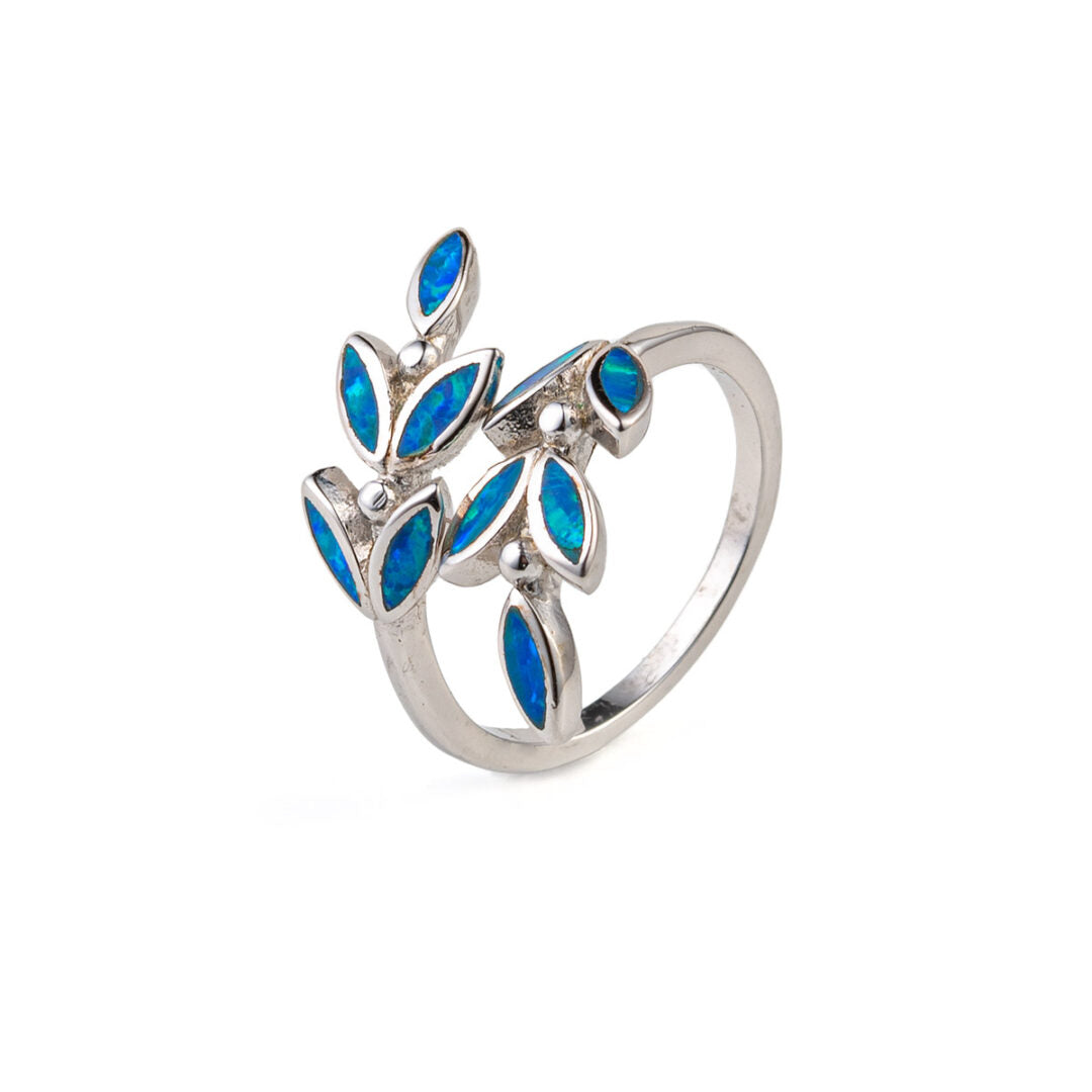 Olive Leaf Ring- 925 Sterling Silver Blue Opal