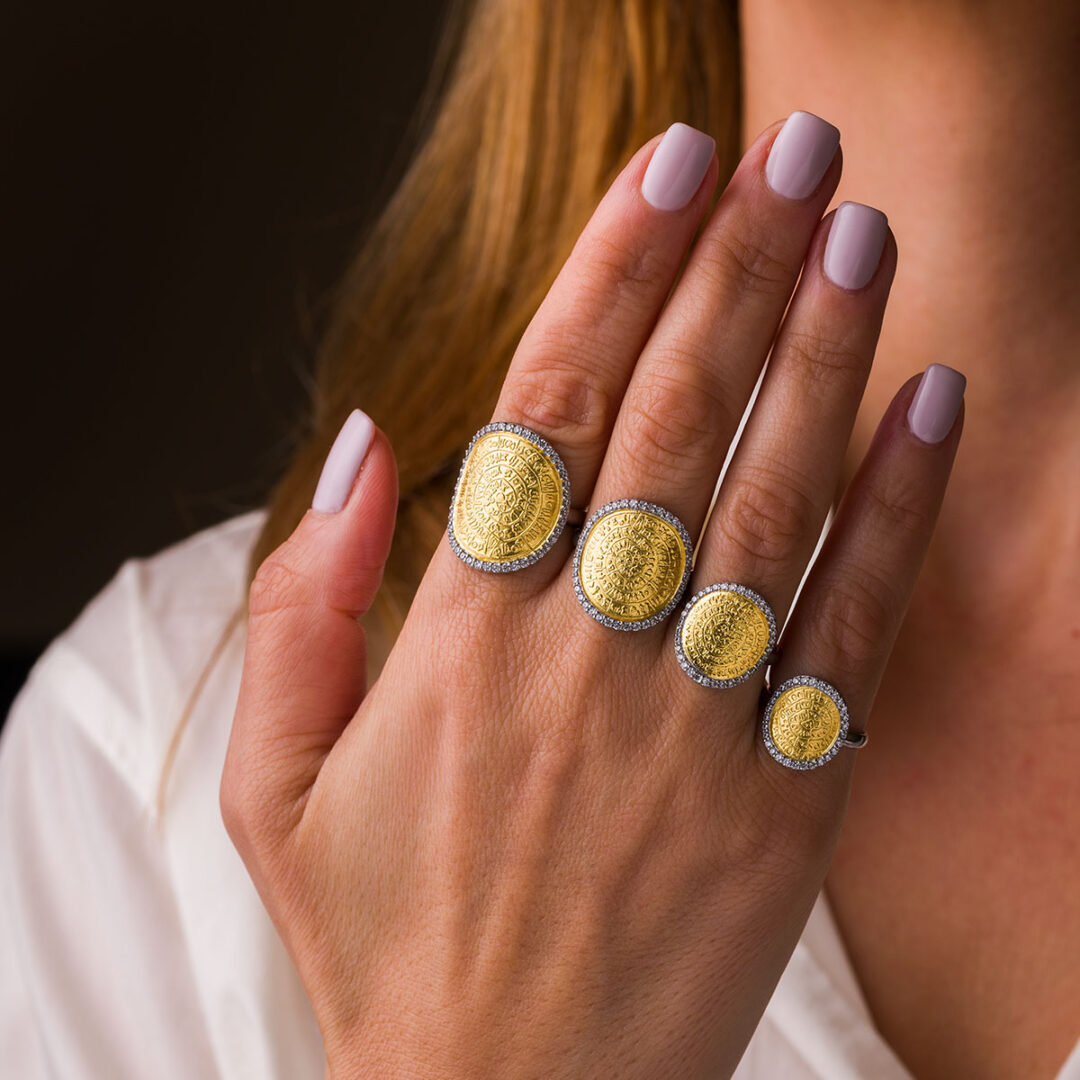 Phaistos Disc Ring with Zircon - Sterling Silver and Gold Plated