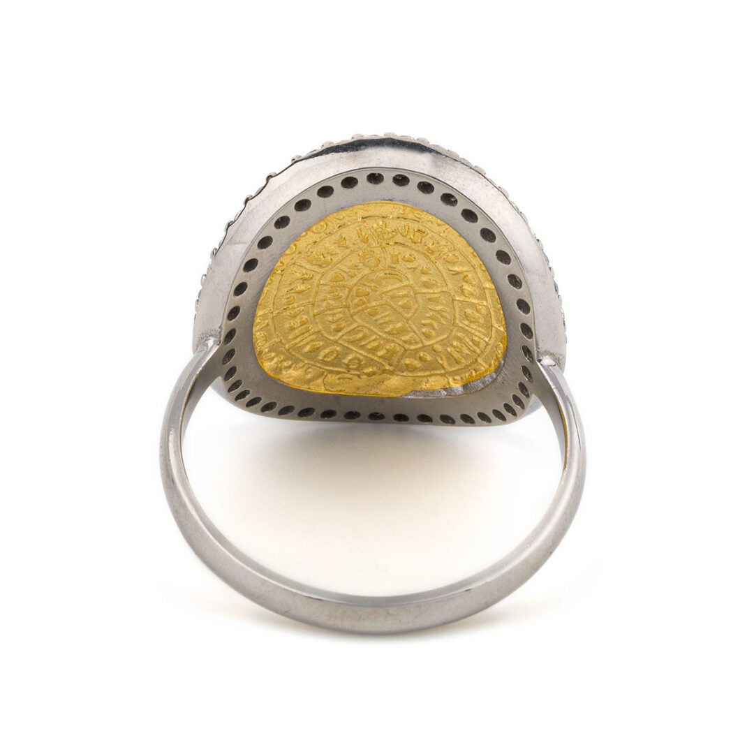 Phaistos Disc Ring with Zircon - Sterling Silver and Gold Plated