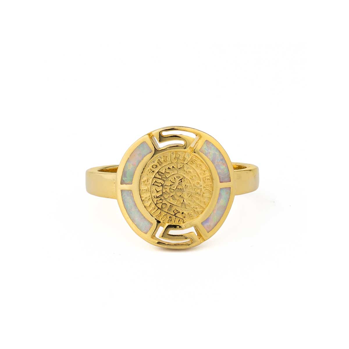 Meandros and Phaistos Disc Ring in 925 Sterling Silver with White Opal