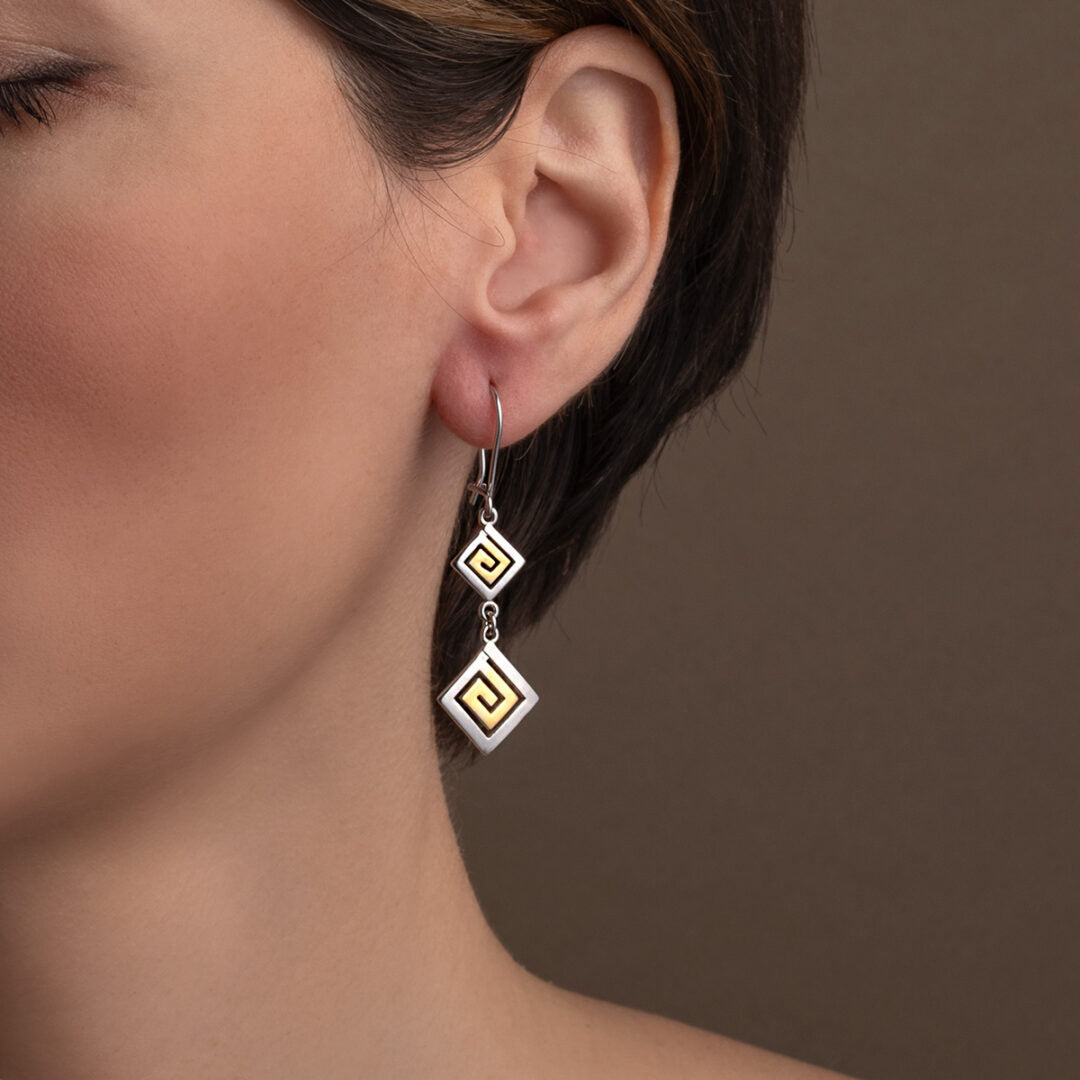 Double Greek Key Drop Earrings – 925 Sterling Silver