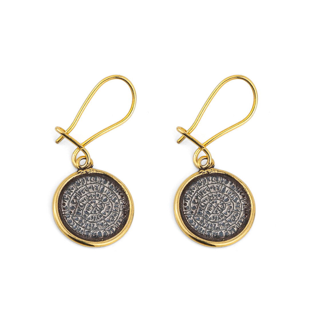Phaistos Disc Dangle Earrings – Sterling Silver and Gold Plated