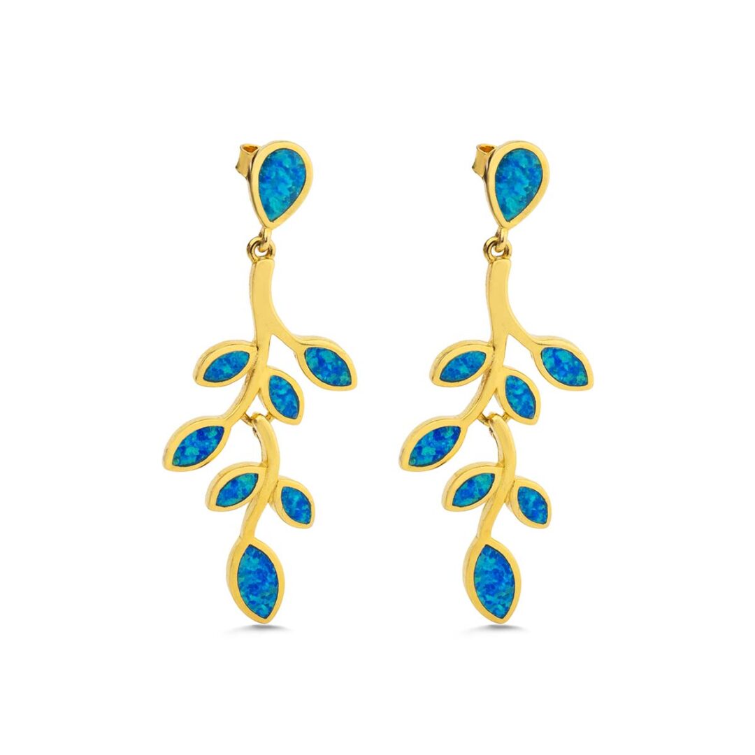 Olive Leaf Opal Golden Earrings - Sterling Silver