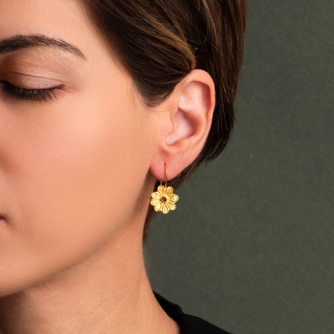 Byzantine Flower Earrings in 925 Sterling Silver Gold-Plated with Zircon — Blue