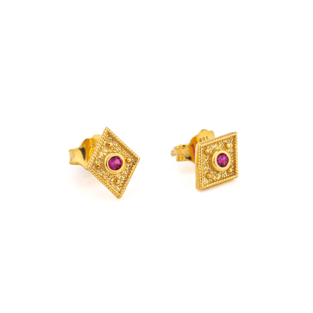 Byzantine Mini Rhombus Earrings with Zircon — Red