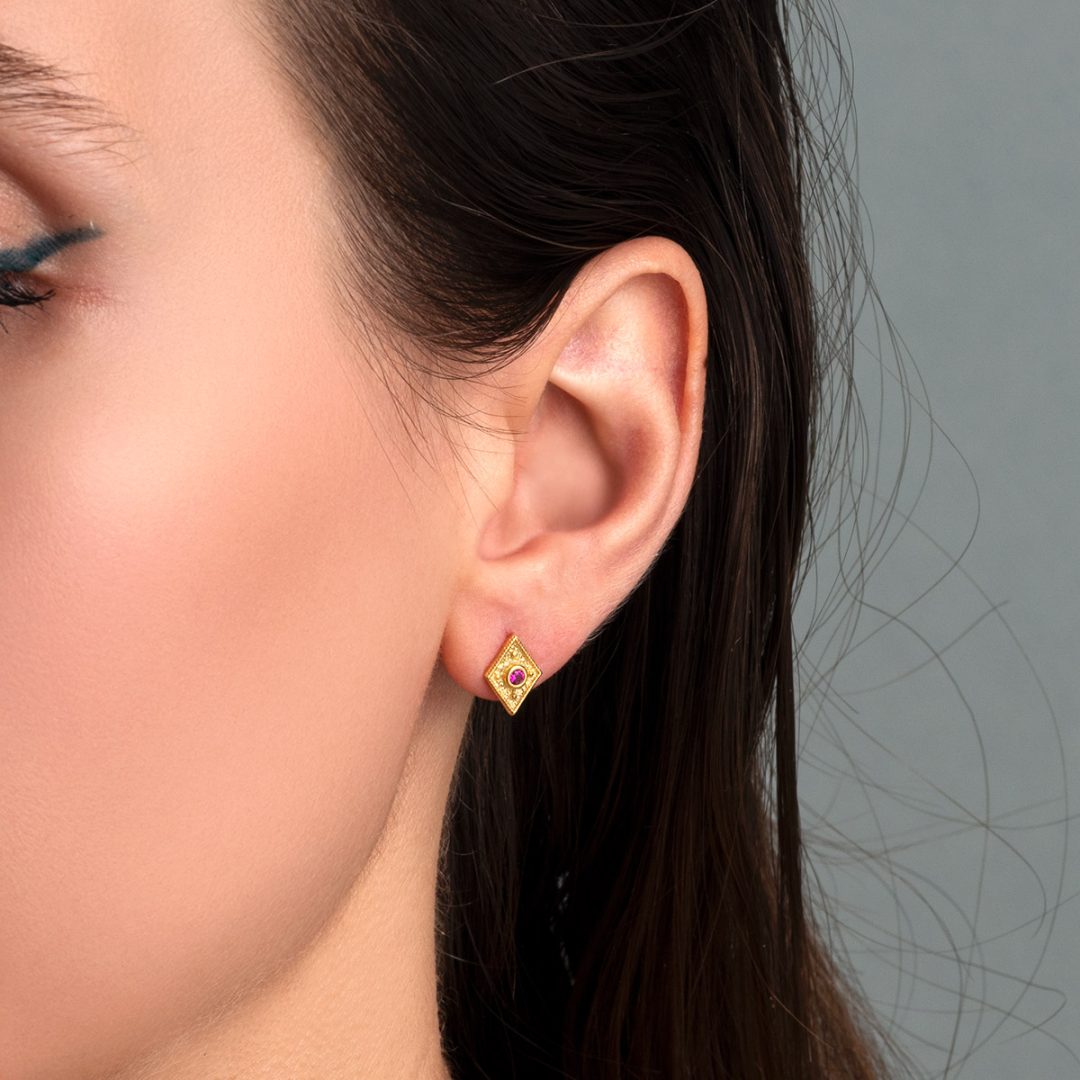 Byzantine Mini Rhombus Earrings with Zircon — Red