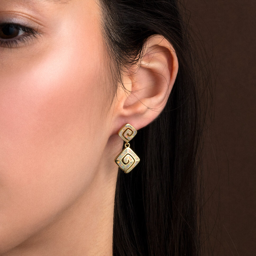 Opal Meander Dangling Earrings - Sterling Silver 925 Gold Plated