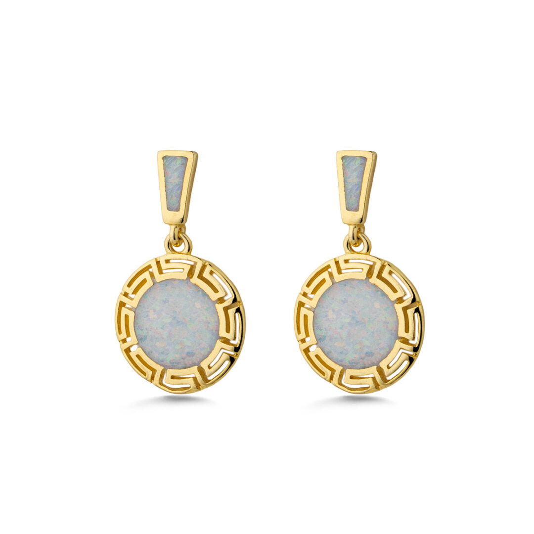 White Opal Meander Drop Earrings - Sterling Silver 925 Gold Plated