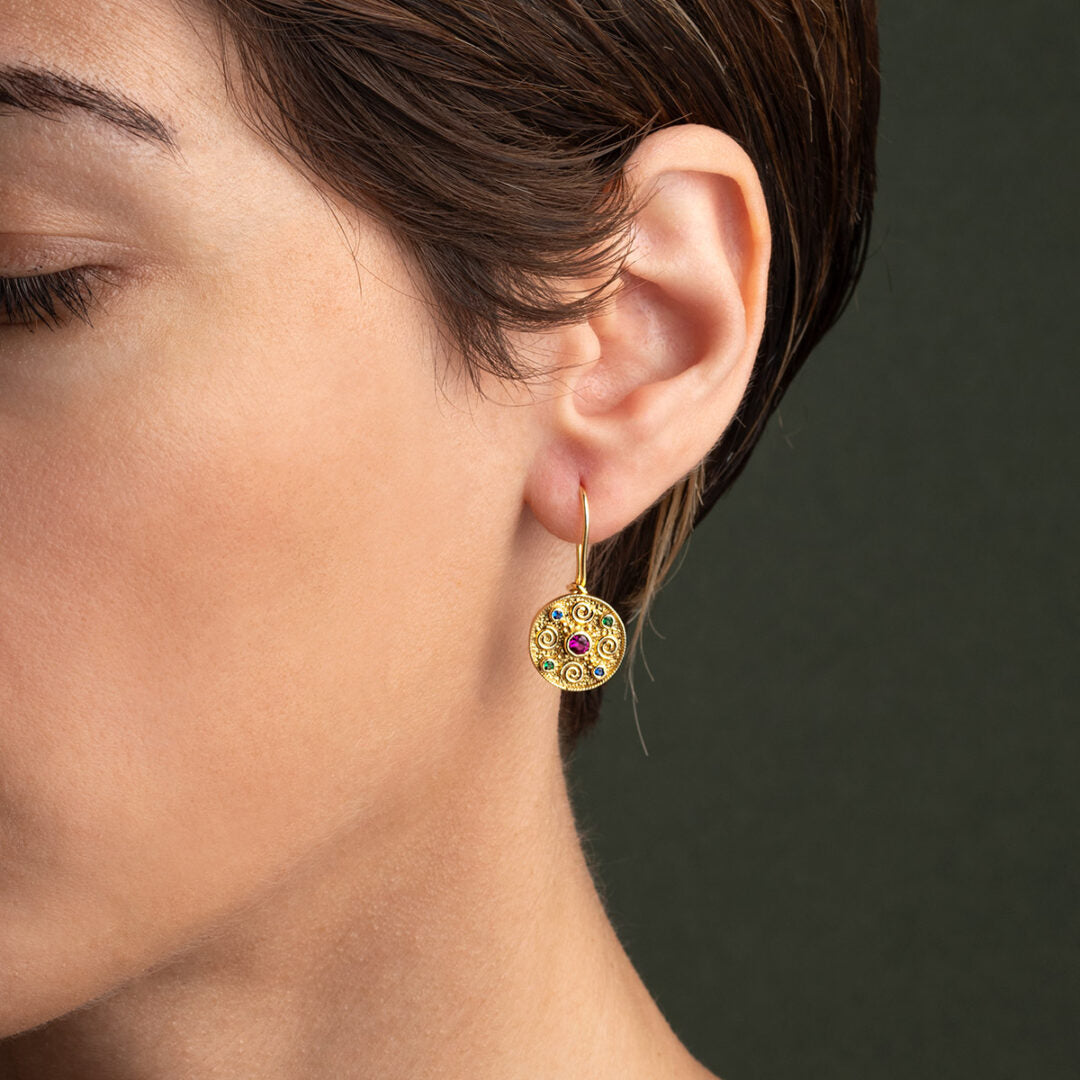 Round Byzantine Earrings with CZ - Sterling Silver and Gold Plated