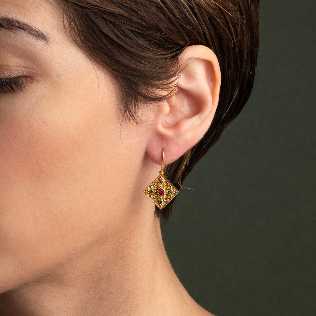 Rhombus Byzantine Earrings with Zircon - Sterling Silver and Gold Plated