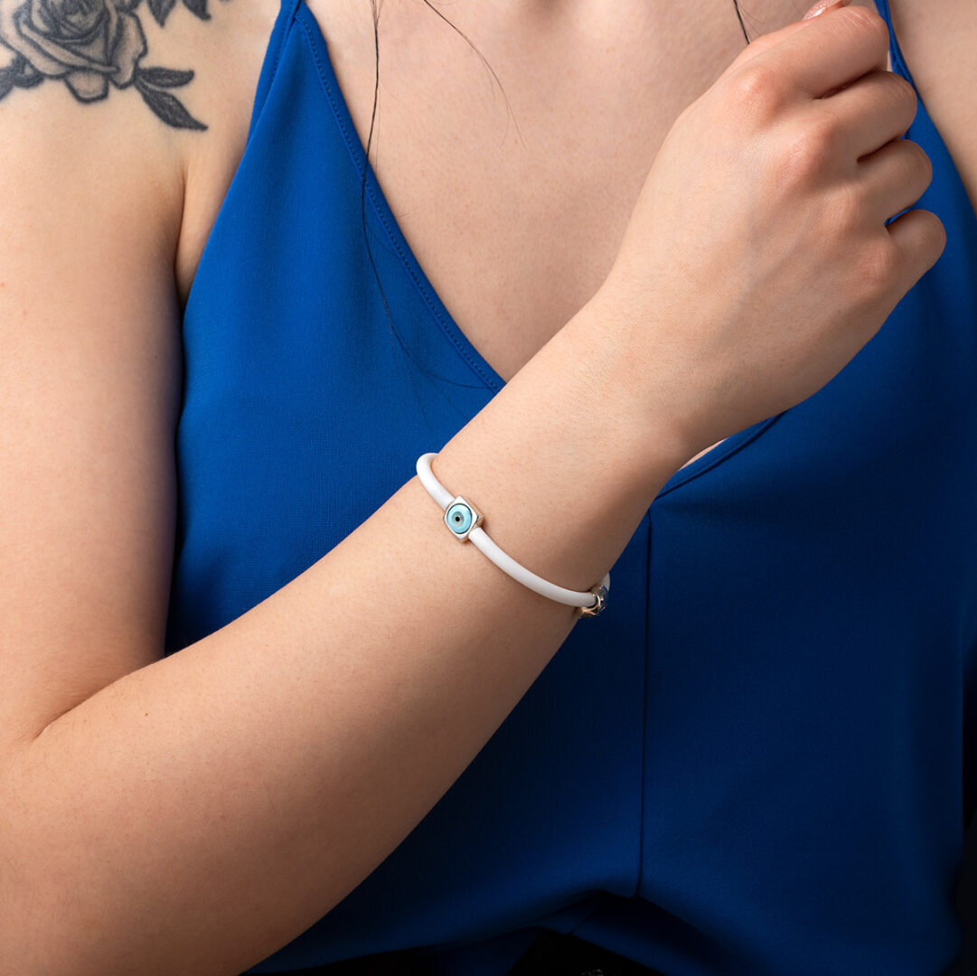 Square Eye White Caoutchouc Bracelet – Sterling Silver
