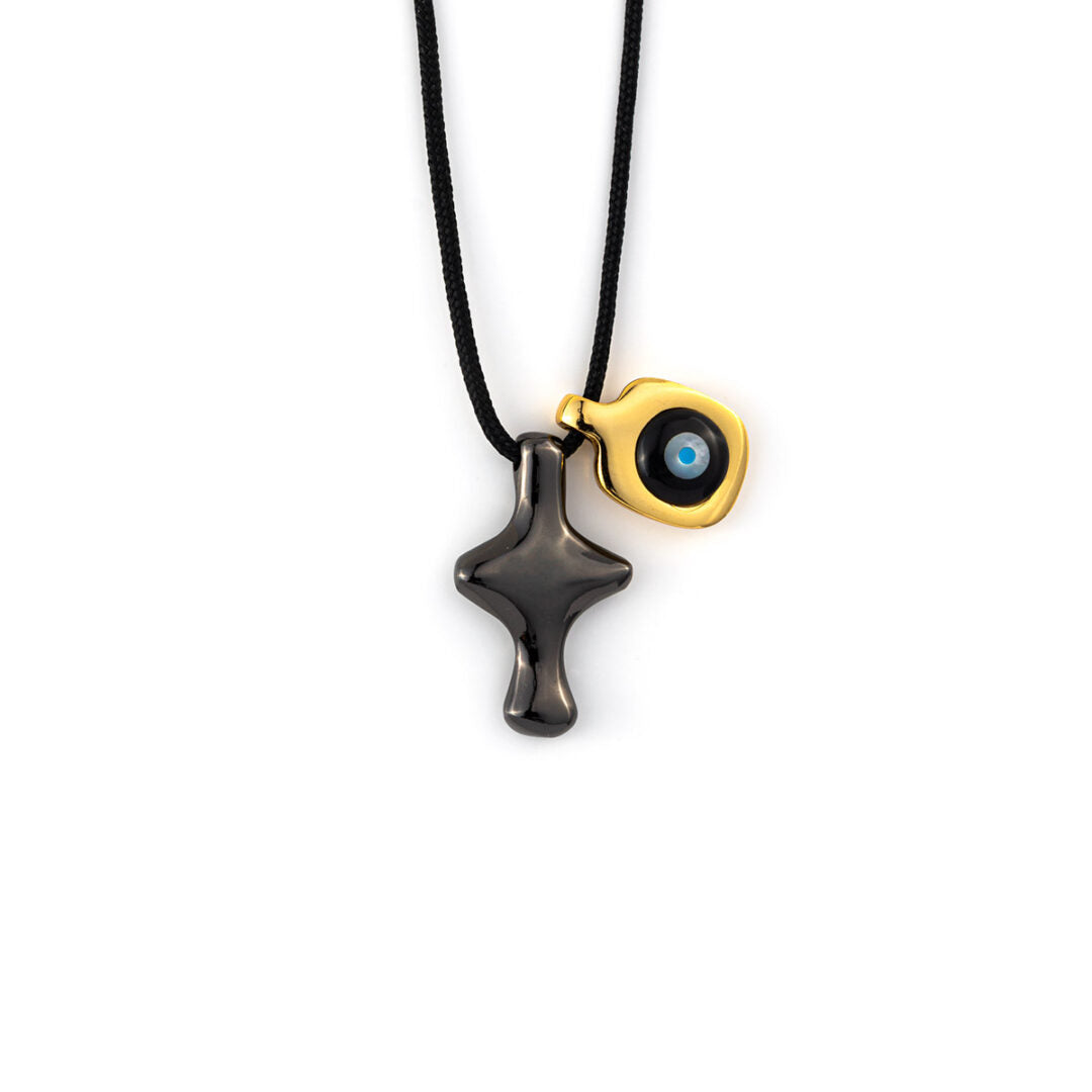 Black Platinum Plated Cross Necklace with Evil Eye