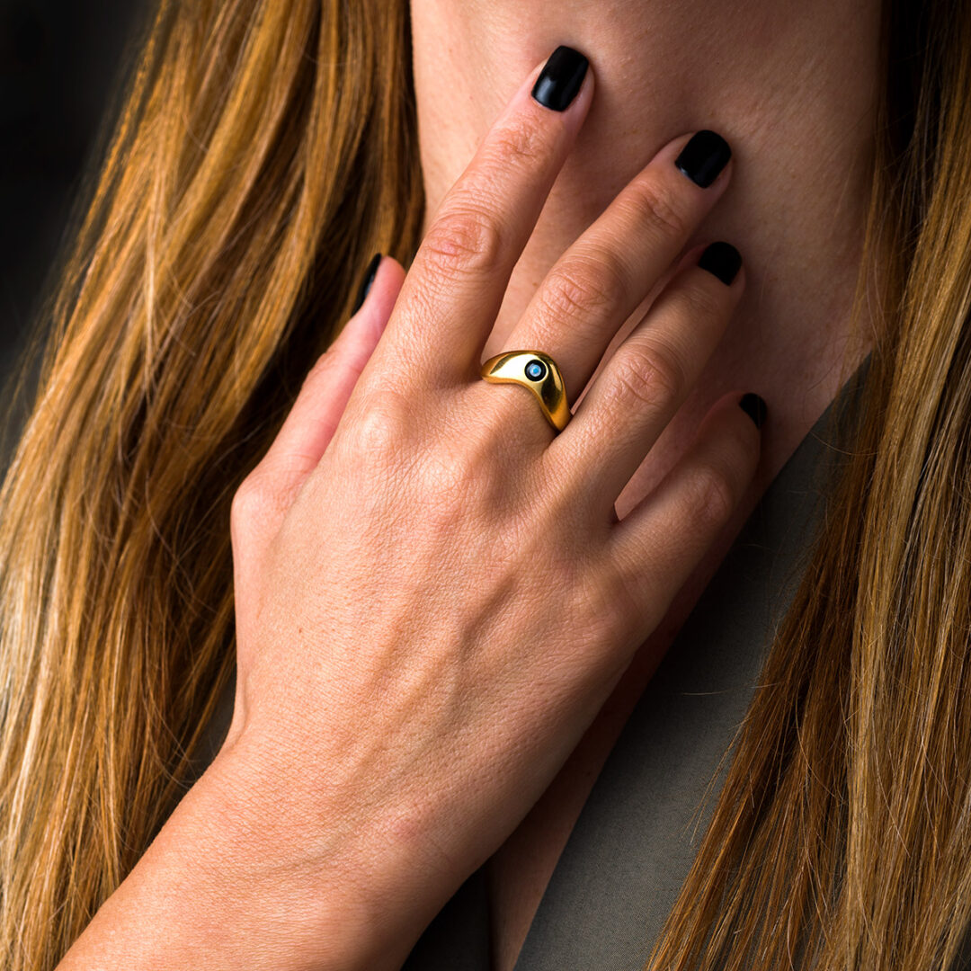 Mati Fildisi Onyx Ring - 925 Sterling Silver Gold Plated