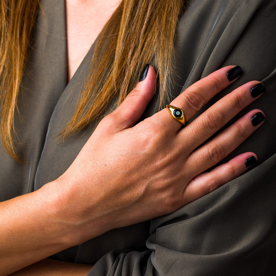 Evil Eye Fildisi Onyx Ring - Sterling Silver and Gold Plated