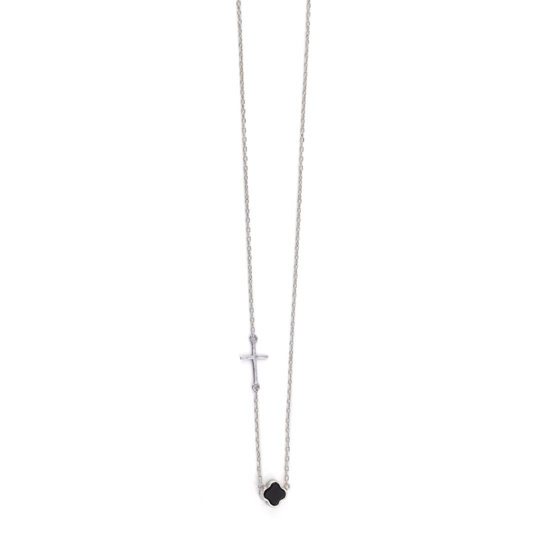 Black Onyx Cross Necklace with White Zircon - 14k Gold