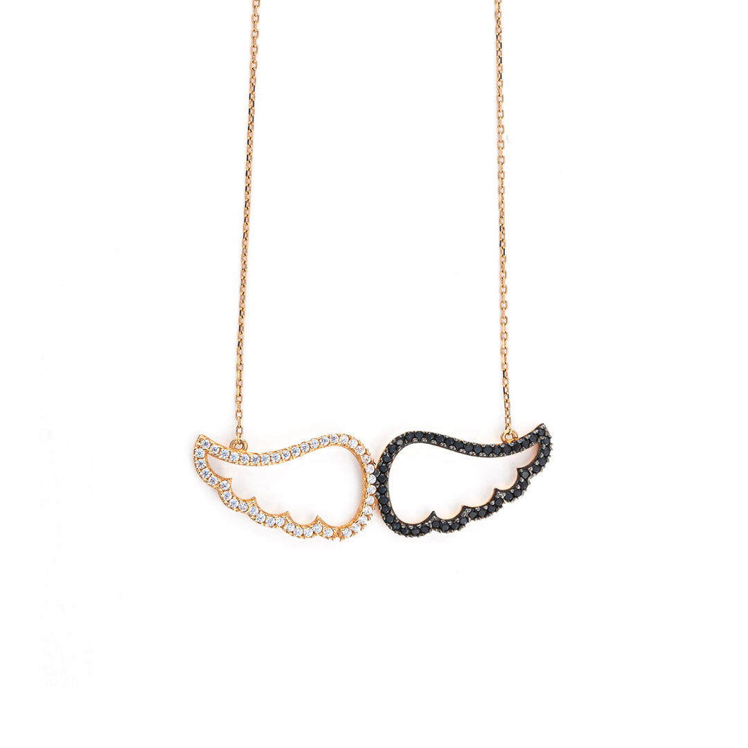 Angel Wings Necklace with Zircon - 14K Rose Gold