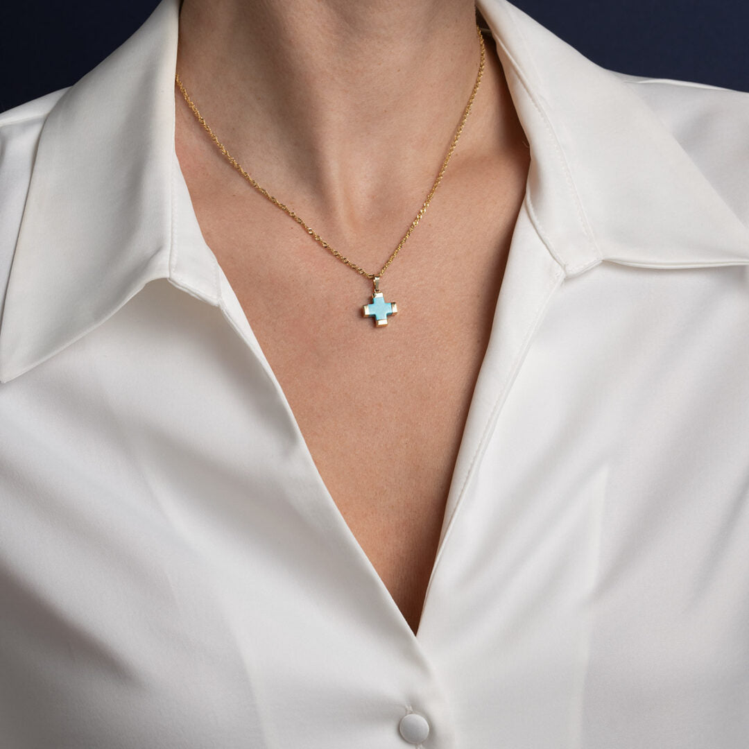 Turquoise Cross Pendant – 14K Gold