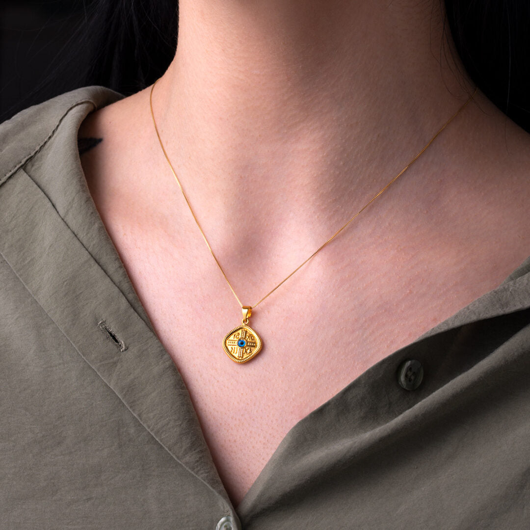Konstantinato Rhombus Pendant with Evil Eye – 9K Gold