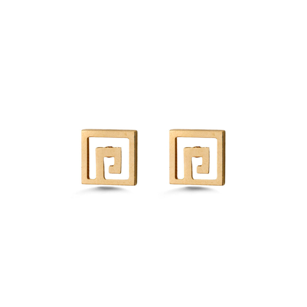 Minimal Greek Key Stud Earrings - 14K Gold