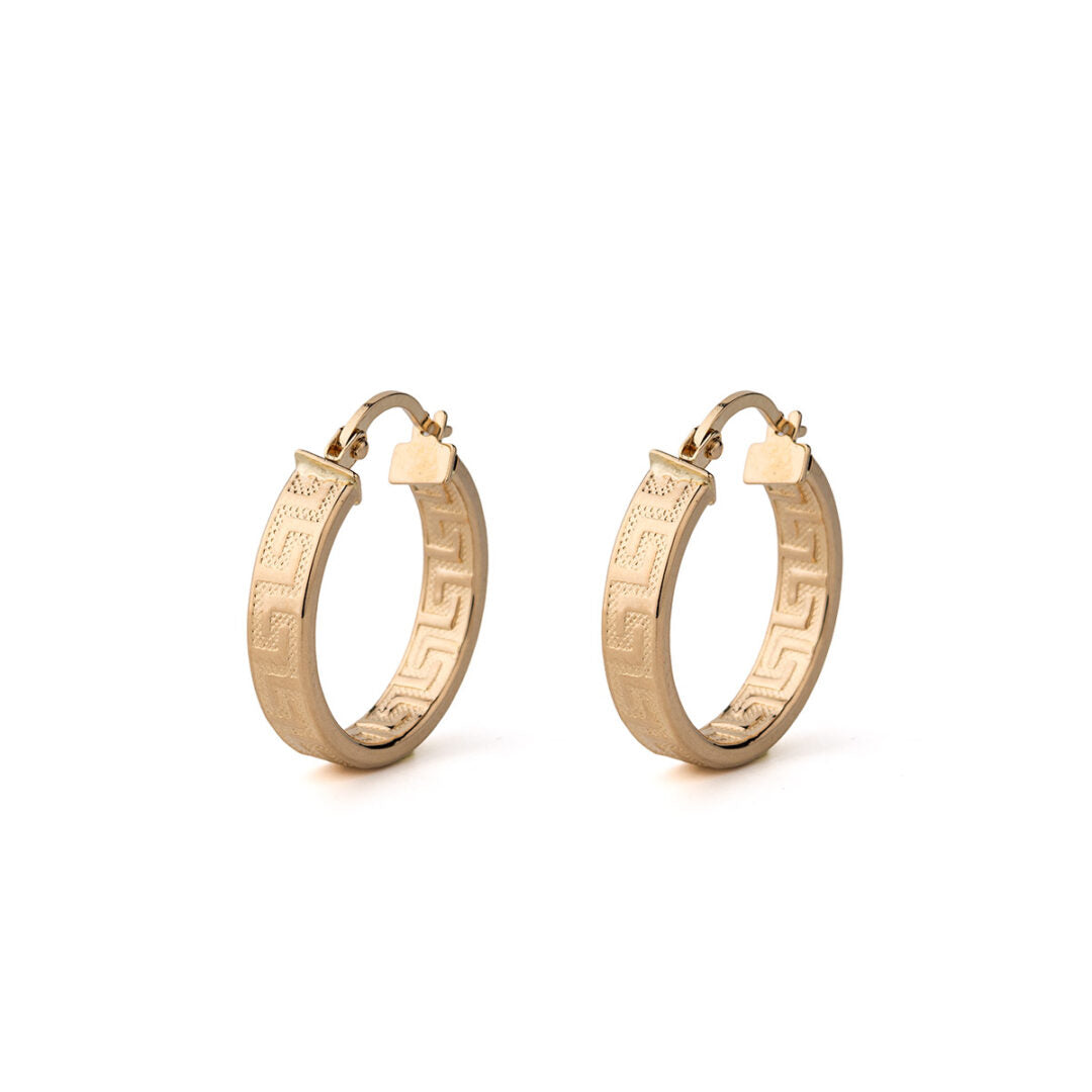 14K Gold Hoop Earrings with Greek Key Design