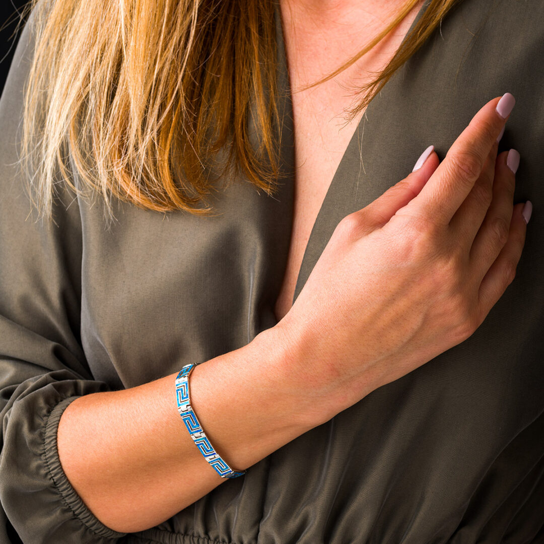 Meander Link Bracelet – 925 Sterling Silver with Opal