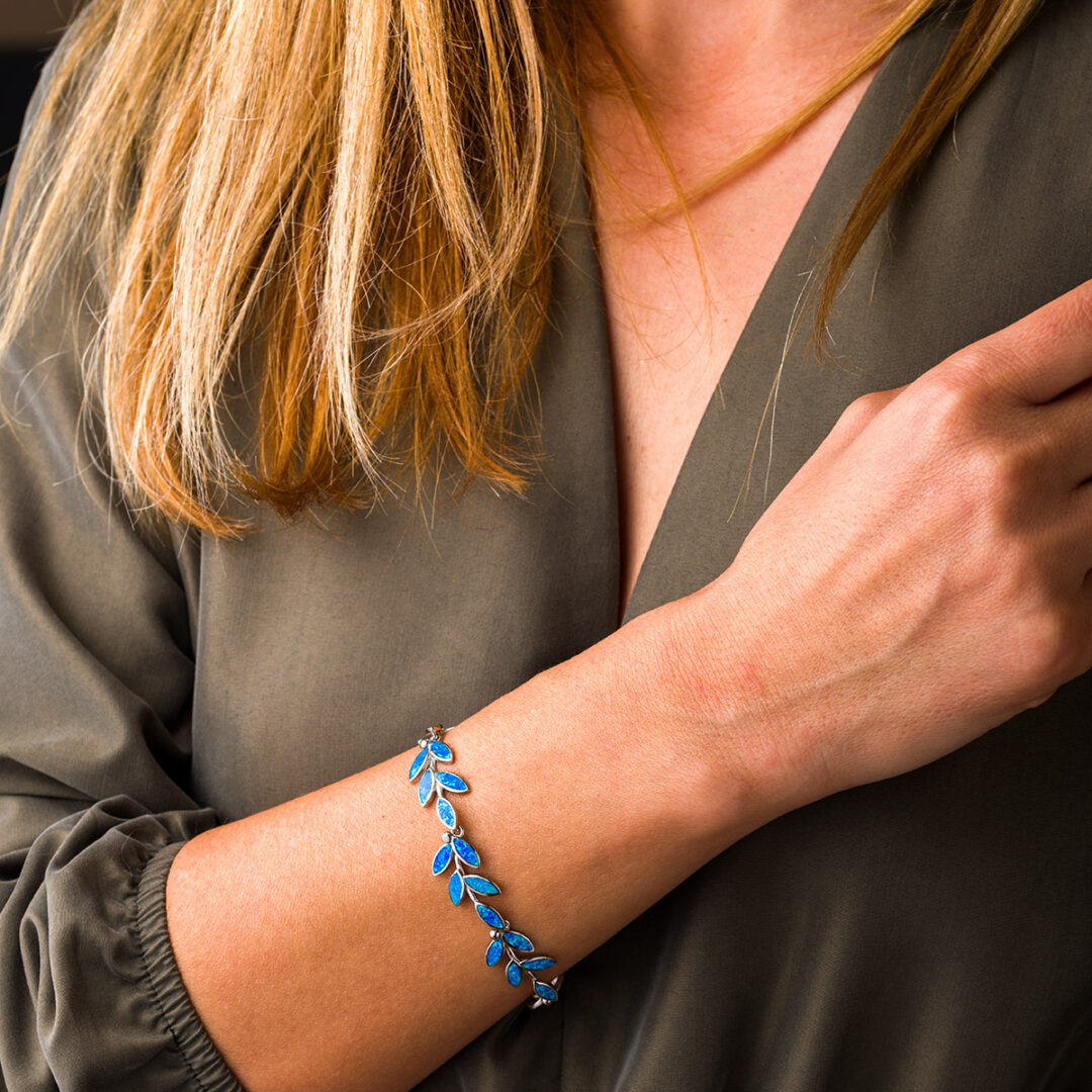 Olive Leaf Link Bracelet - 925 Sterling Silver with Blue Opal