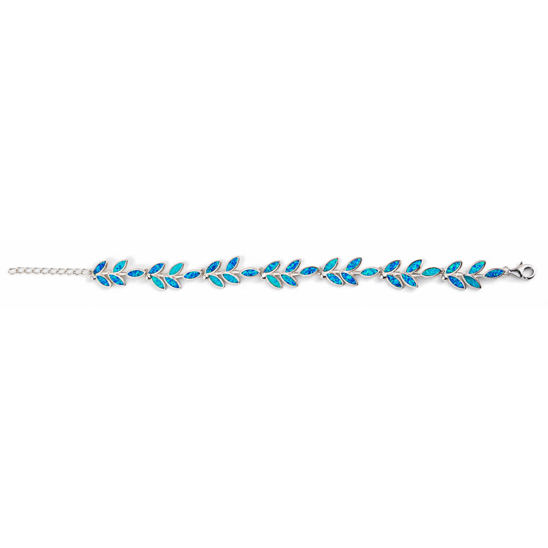 Olive Leaf Link Bracelet - 925 Sterling Silver with Blue Opal