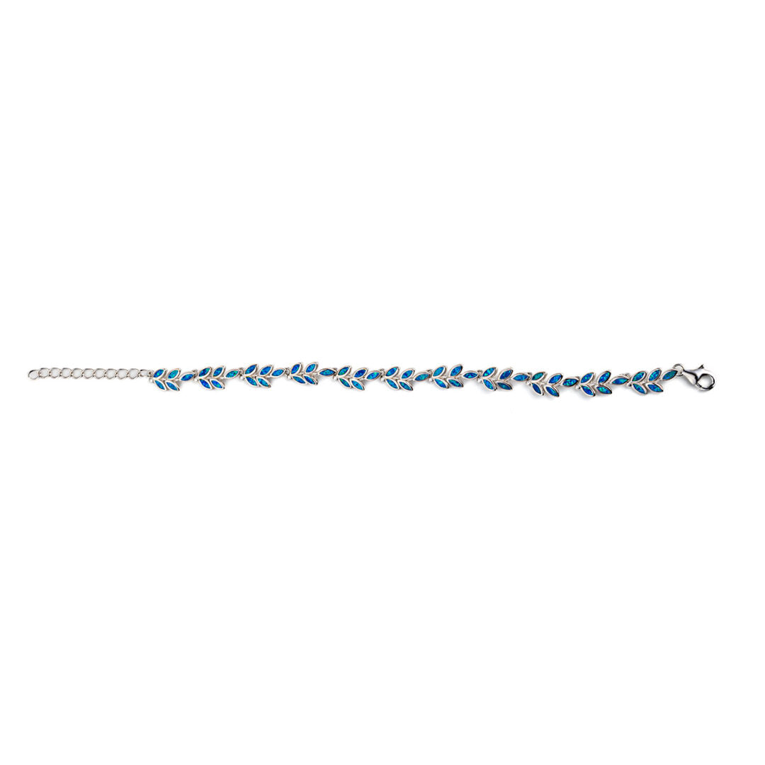 Olive Leaf Link Bracelet - 925 Sterling Silver with Blue Opal