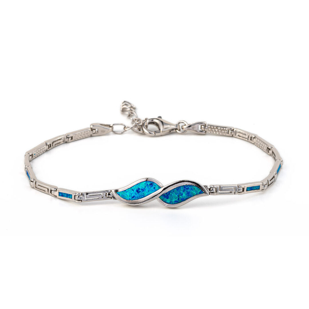Olive Leaf Link Bracelet - 925 Sterling Silver with Blue Opal