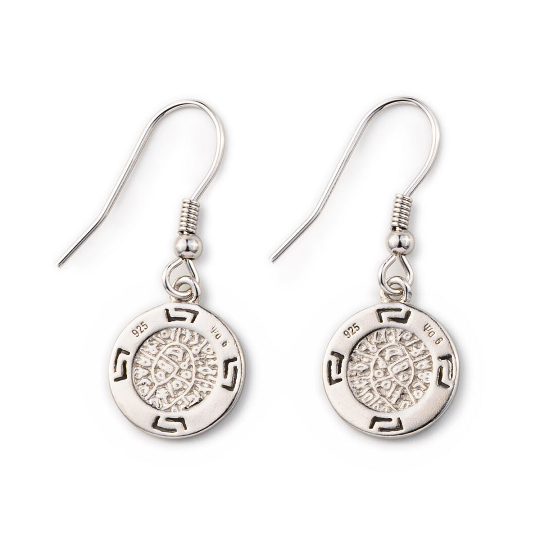 Phaistos Disc Dangle Earrings - 925 Sterling Silver with Opal