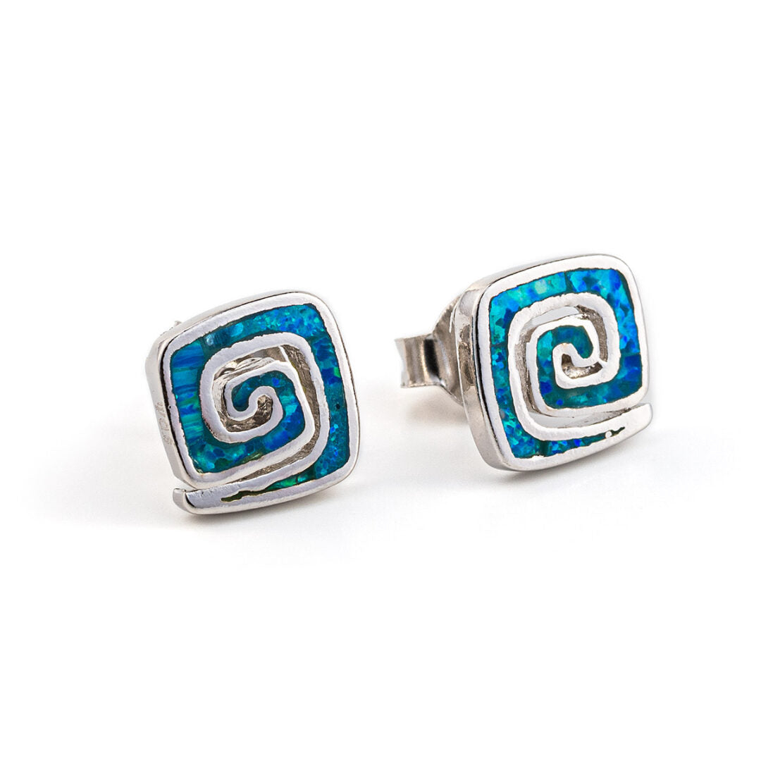 Meander Stud Earrings – 925 Sterling Silver with Opal