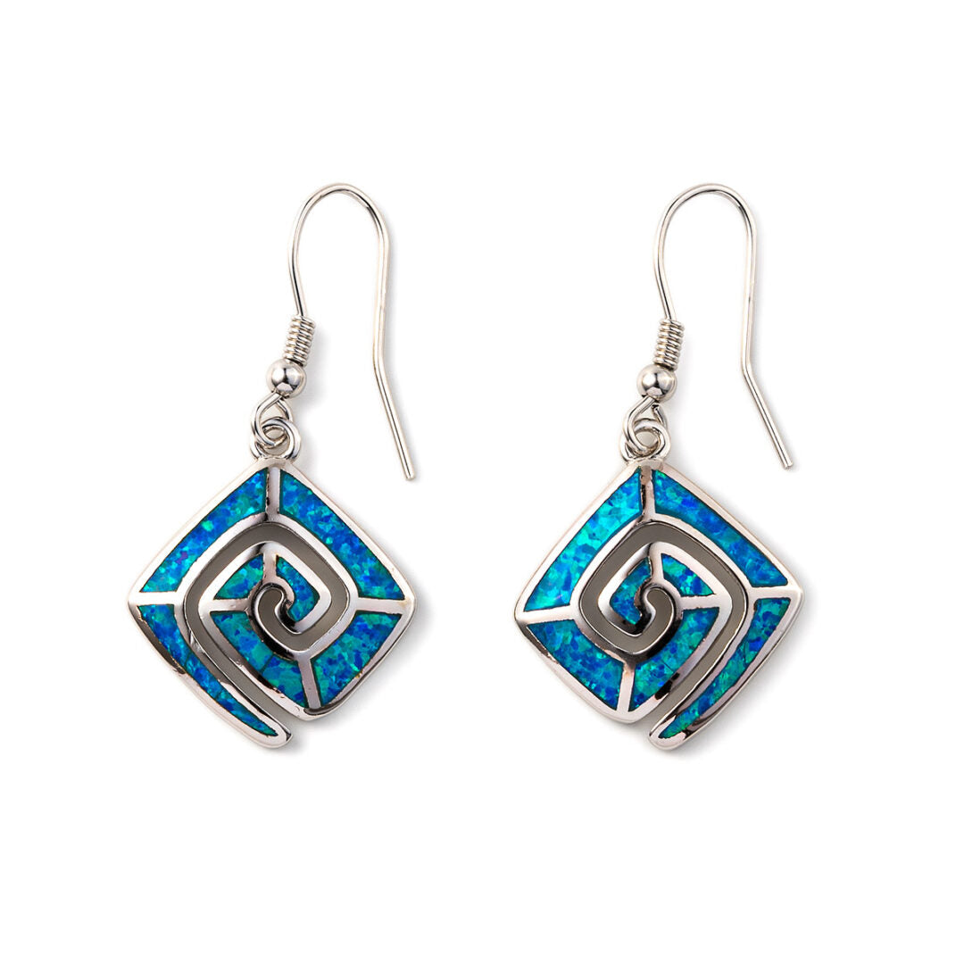 Blue Opal Greek Key Dangle Earrings — Blue