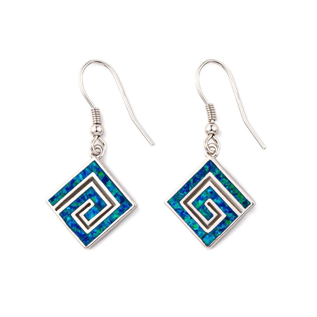 Greek Key Blue Opal Dangle Earrings — Blue