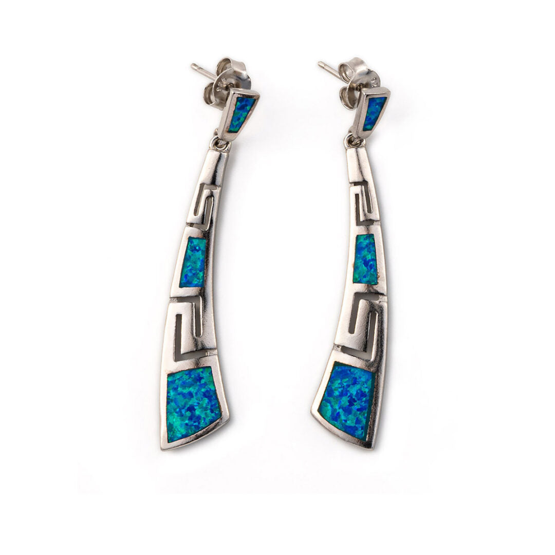 Greek Key Curvy Blue Opal Dangle Earrings