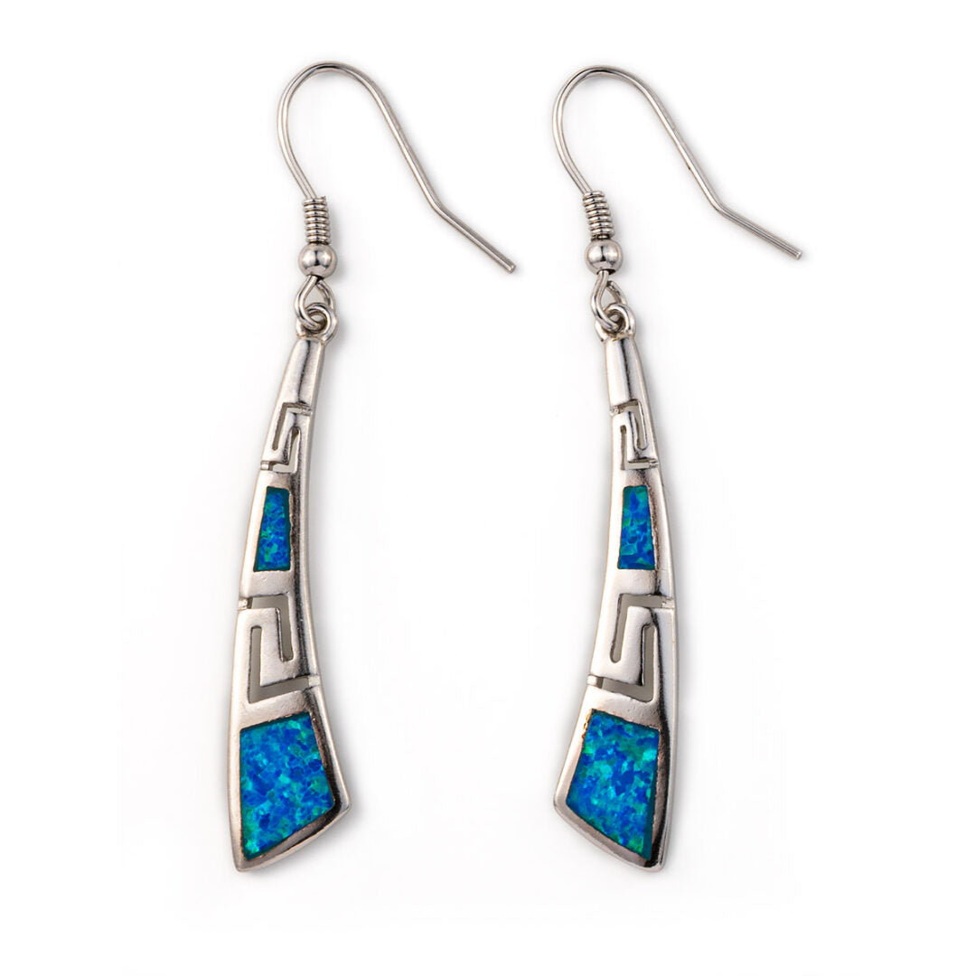 Greek Key Curvy Silver Blue Opal Dangle Earrings