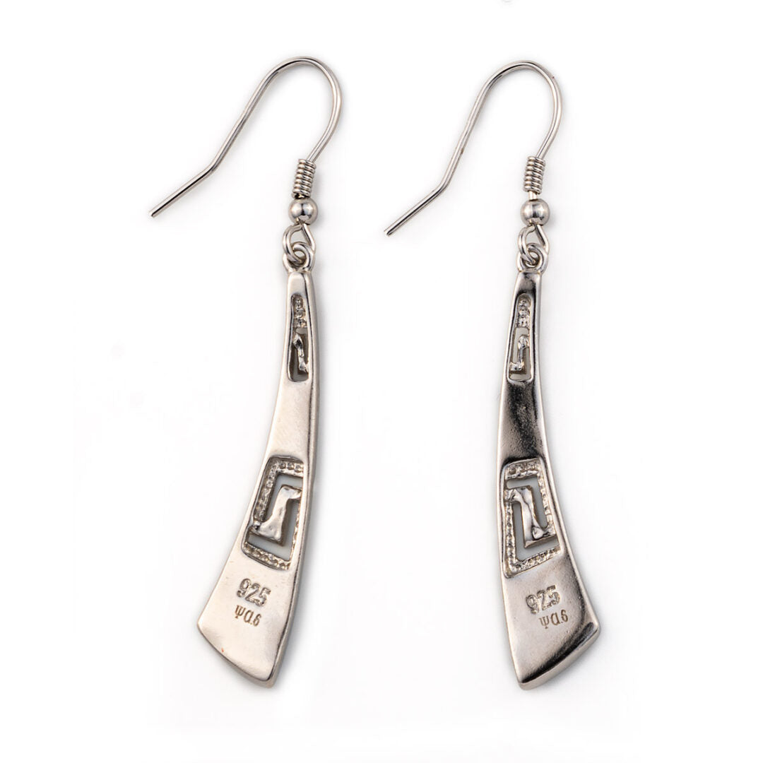Greek Key Curvy Silver Blue Opal Dangle Earrings