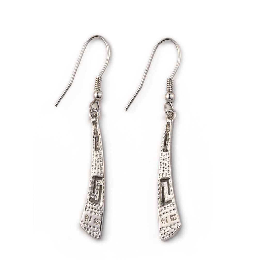 Greek Key Curvy Silver Blue Opal Dangle Earrings