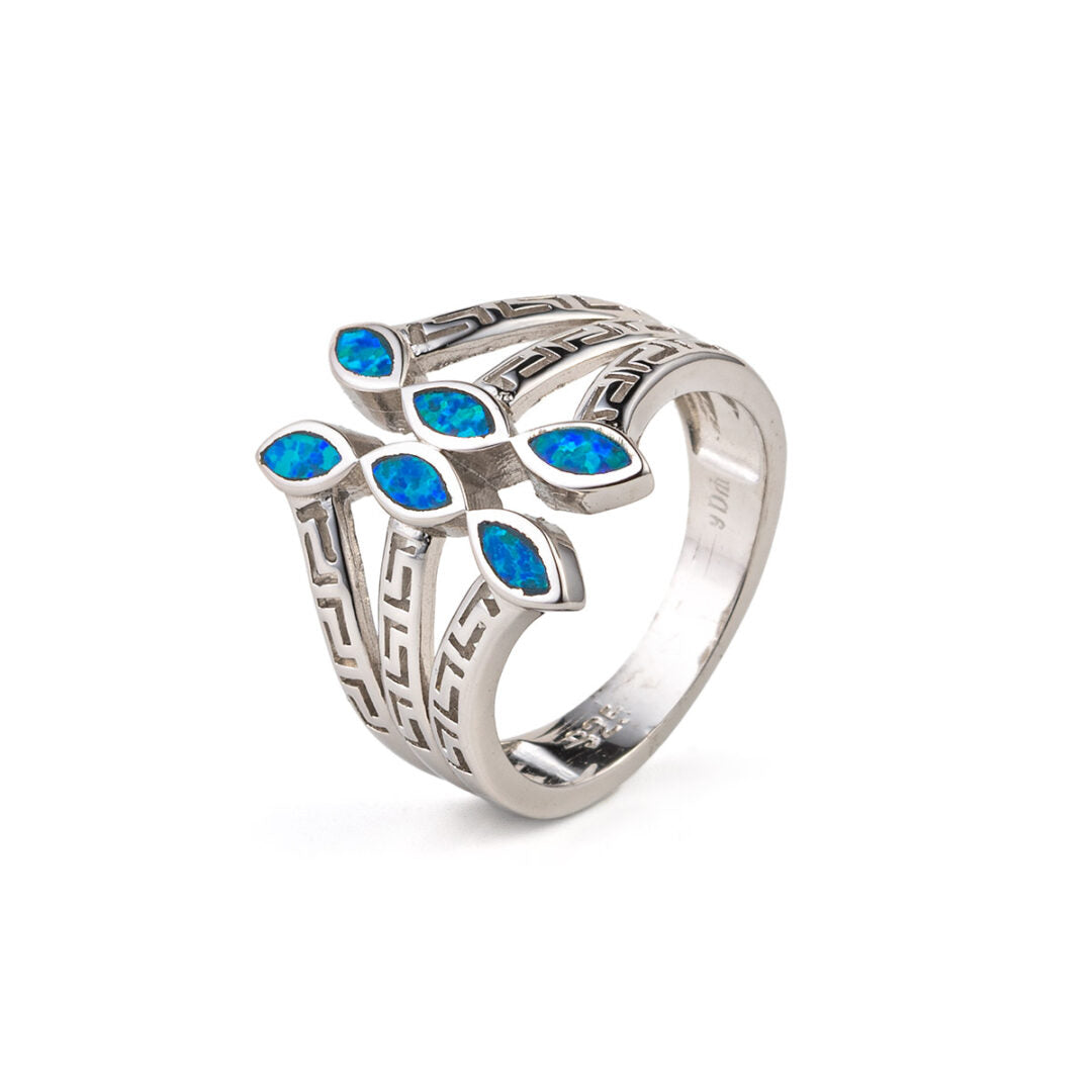 Blue Opal Leaf Greek Key Ring- 925 Sterling Silver