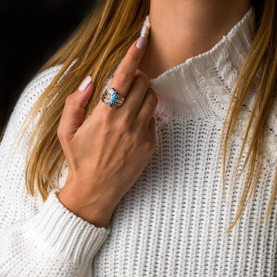 Leaf Greek Key Opal Ring- 925 Sterling Silver
